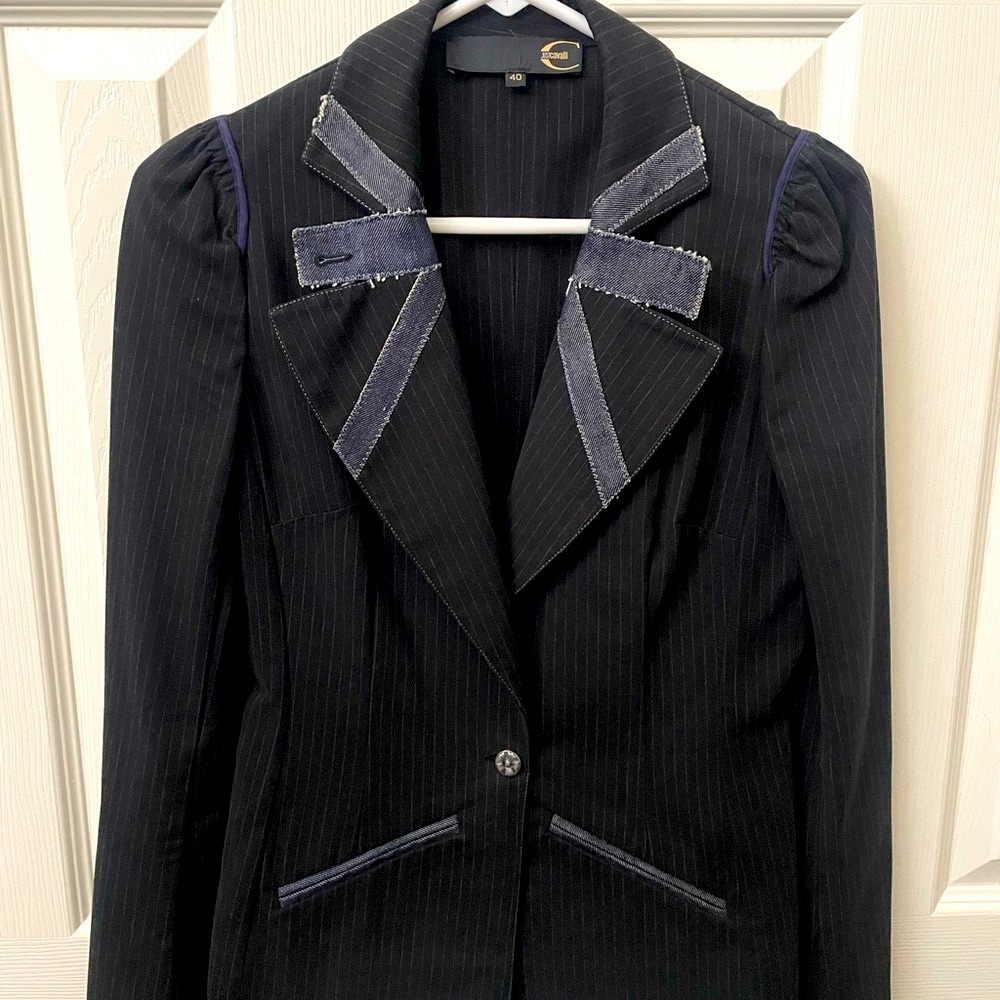 Just Cavalli Black Pinstripe Blazer with Unique Trim